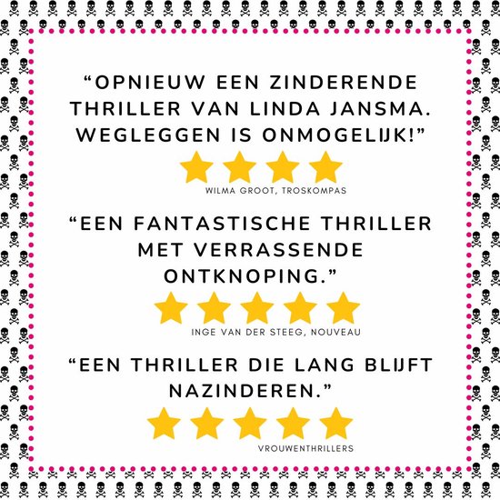Boekomslag met citaten van recensies, sterrenbeoordelingen en schedeldecoraties.