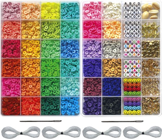 Kralenset - BIEK20® - Luxe Polymeer Kralen Set - 36 kleuren - Katsuki Kralen - Incl. Rijgnaalden en Draad - Smiley Kralen - Bedels - Letterkralen - DIY Sieraden Maken - Armbandjes Maken - Kralendoos - Platte Kralen