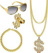 4 stuks - Hip-hop liefhebbers goud dollar sieraden set - Halsketting met dollarsymbool hanger, Kristallen dollar ring, Gouden schakelarmband, Stijlvolle brillen - Carnaval, Verkleedpartij, Alledaagse opvallende look