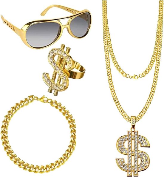 Dollar Zeichen Halskette & Ring Set - Hip Hop Goldkette - 80er 90er Rapper Style - Für Mottoparty & Karneval