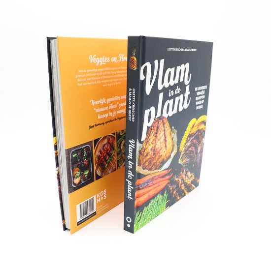 Voor- en achterkant van het kookboek 'Vlam in de plant' met gegrilde groenten.