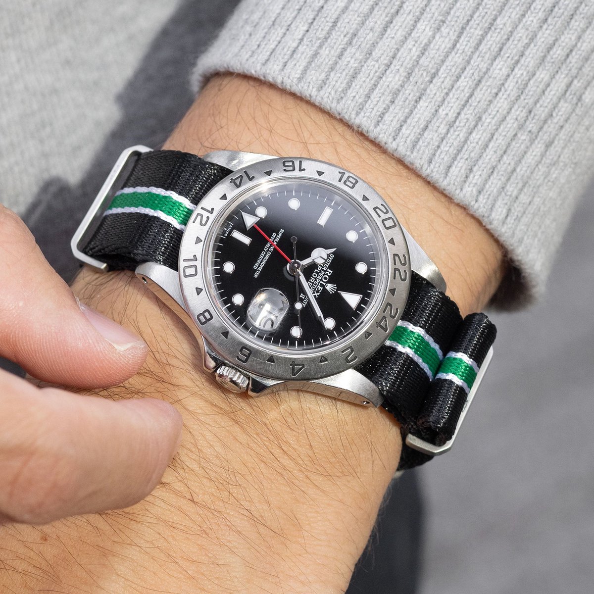 BS Nylon Horlogeband Luxury - Deluxe Nato Zwart Groen Gestreept - 20mm