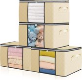 4 stuks 90 l opbergtas, groot, opbergdoos met deksel, versterkte handgreep, opvouwbare verhuisdozen met helder venster, opslag voor kleding, dekbedden, deken, koffer, organizer, beige