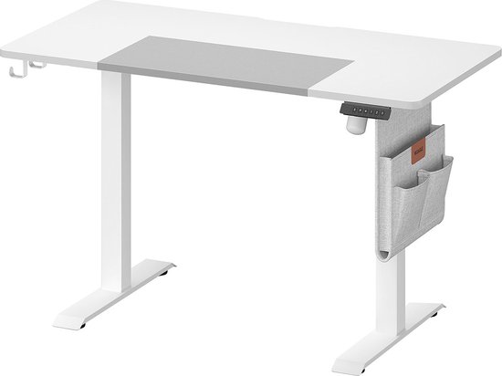 Bureau assis-debout Signature Home - bureau assis-debout électrique à roulettes - fonction mémoire avec crochets et organisateur - Blanc mat-gris tourterelle - (60-120) cm