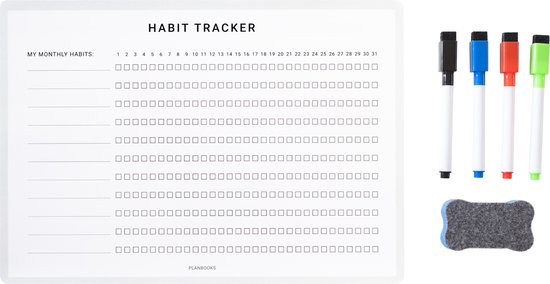 Planbooks - Magnetische Habit Tracker - Whiteboard maand tracker - A4 - Inclusief Stiften en Wisser