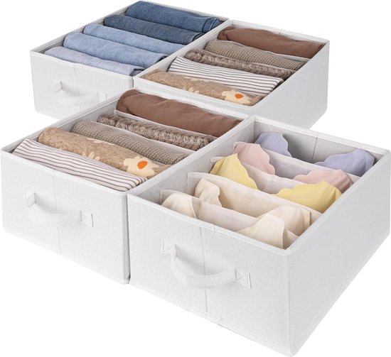 ZPONEED Set van 4 kledingkastorganizers, kastorganizer, opbergdoos met helder, opbergsysteem voor laden, opvouwbaar, 42 x 27,5 x 17 cm, voor broeken, overhemden, kleding, beige