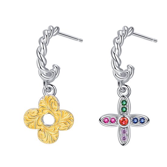 Paragon Cat925 Silver Four-Leaf Clover Earrings with Gold-Silver Contrast, Asymmetrical Design, and AB Color Cubic Zirconia