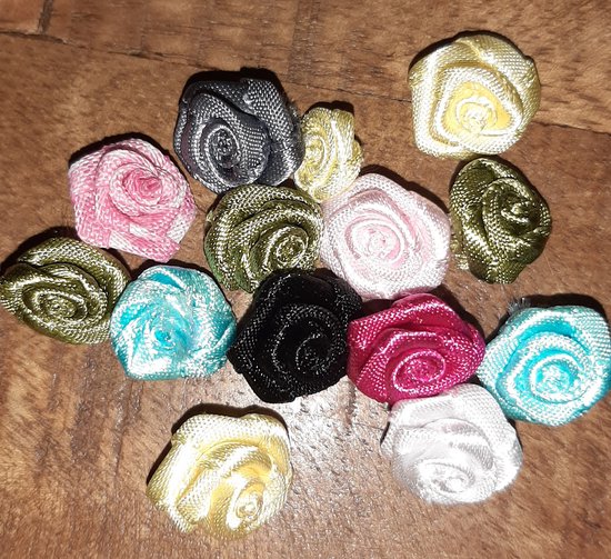 14 stoffen roosjes zonder blad - 14x roosje satijn - opnaaibaar of oplijmbaar - satijnen roos rozen - 15mm - geel zwart wit pastel grijs groen