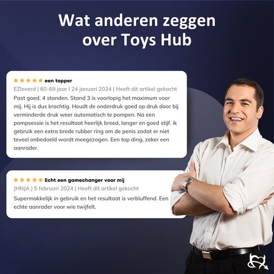 Twee klantrecensies over de "Toys Hub" penispomp. Mannen in pak staan naast de recensies.