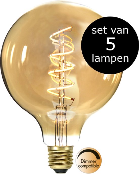 Grande ampoule G125 globulaire avec verre ambré et filament LED en spirale. Lot de 5. Dimmable.