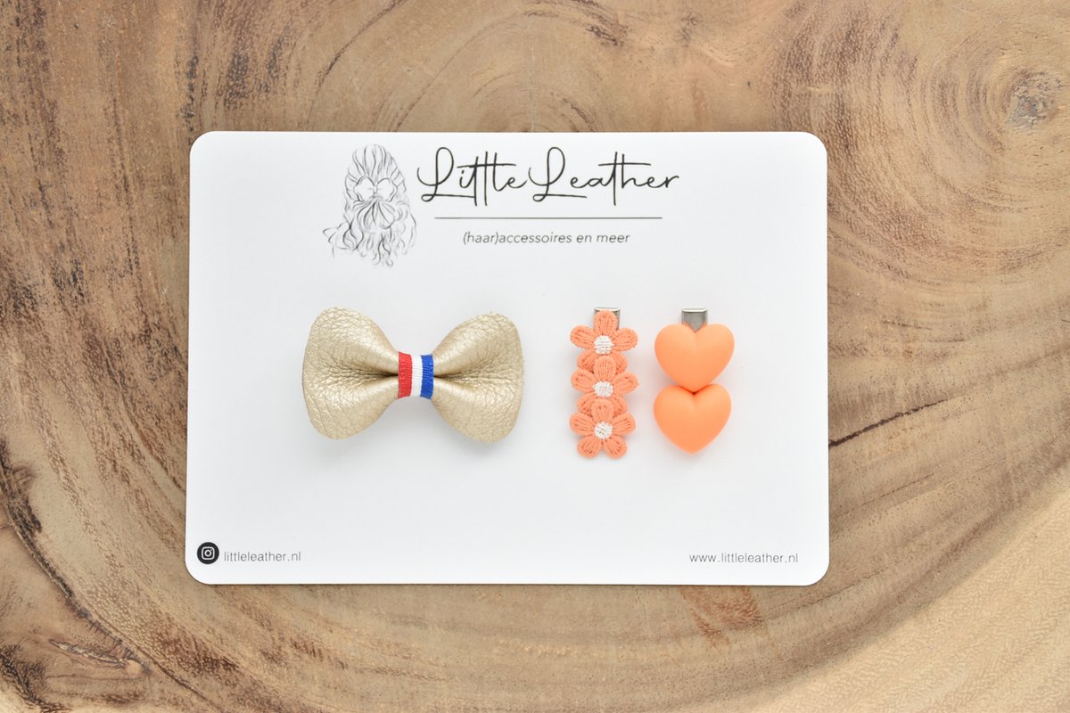 LittleLeather, Koningsdag haarspeldjes set 1 - rood wit blauw - Koningsdagstrik - Lange leve de Koning - Leer - Oranje - Haarstrik - Haarclip - Peuter - Kleuter - Meisje - Haarstrik - Goud - Prinses