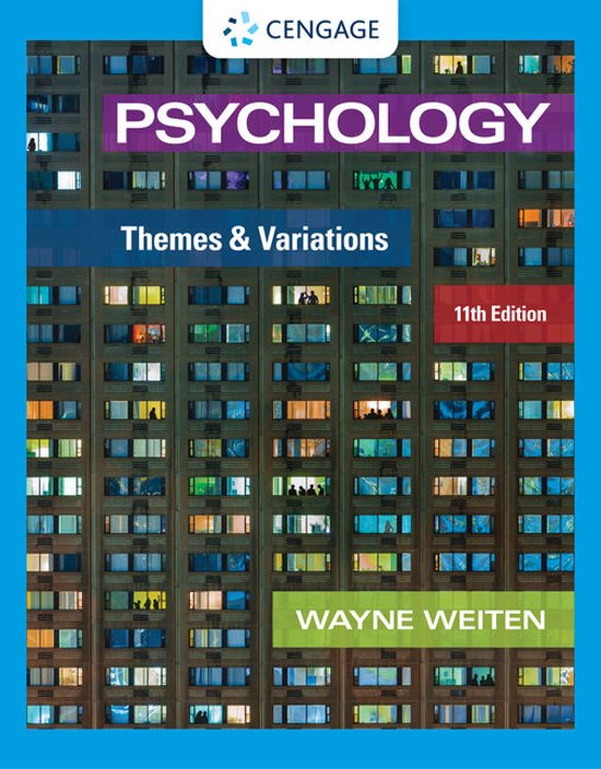 Boek kaft: PSYCHOLOGY Themes & Variations 11e editie door Wayne Weiten. Gebouw met vele ramen 's nachts.