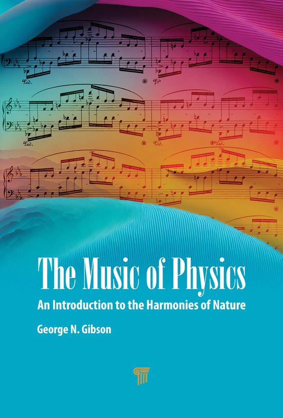Livre 'The Music of Physics' avec partitions et fond arc-en-ciel.