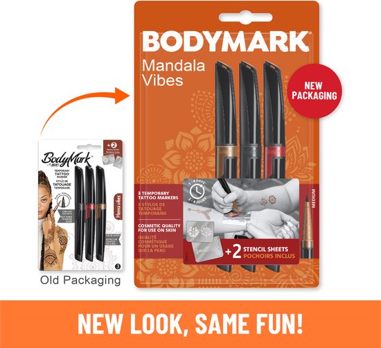 BIC BodyMark - Tijdelijke Tattoo Pennen met Sjablonen - Henna Vibes - Set van 3 tattoo stiften met 2 sjablonen - Halloween - Cosplay - Bodymark®