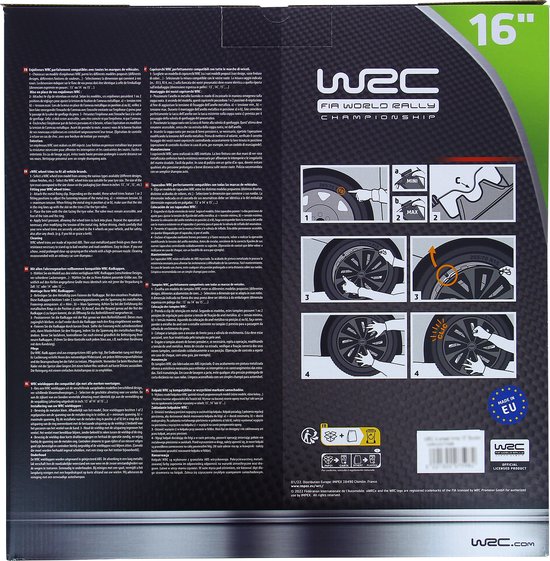 Verpakking van zilverkleurige WRC wieldoppen "Sepang" 16 inch met montage-instructies.