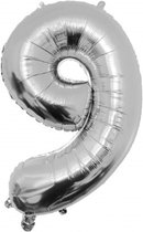 Folie ballon cijfer 9 - 86 cm - Zilver - verjaardag - jubileum - geschikt voor helium en lucht - inclusief rietje