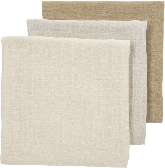 Drie hydrofiele doeken in de kleuren zand, lichtgrijs en taupe. De doeken hebben een wafelpatroon.