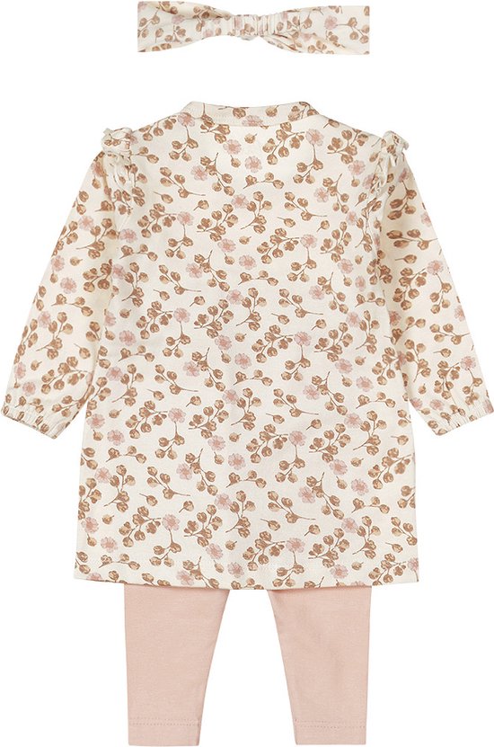 Kledingset van Dirkje: beige jurkje met bloemenprint, lange mouwen, ruches, en een bijpassende hoofdband en roze legging.