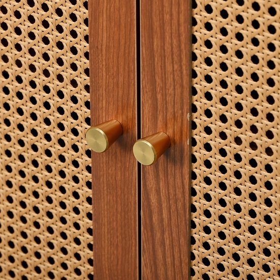 Sweiko Kast met 3 rotan decoratieve deuren, vijf emmerkast met metalen handvatten, geschikt voor slaapkamers, woonkamer, kantoren, walnoothout 129.8x40x76cm