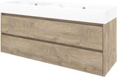 Proline Porselein Loft badmeubelset met wastafelonderkast symmetrisch met 2 laden en glans witte wastafel zonder kraangaten 140 x 46 x 62 cm, raw oak
