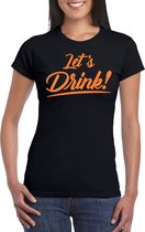 Bellatio Decorations Verkleed T-shirt voor dames - lets drink - zwart - oranje glitters - glamour XXL
