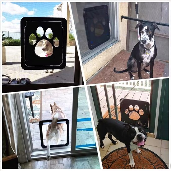 Collage van vier foto's: hondenluik in hordeur, honden door hondenluik, en twee honden bij deur.