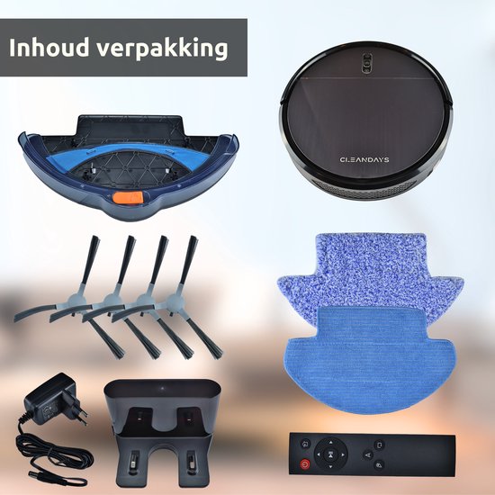 CleanDays D2-007 Robotstofzuiger met Dweilfunctie - Laadstation - 3-in-1 – Stil – 2000Pa – Huisdieren – App + Afstandsbediening