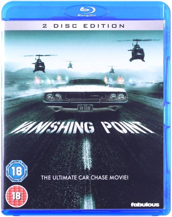 Blu-ray "Vanishing Point" "The Ultimate Car Chase Movie!". Een witte Dodge Challenger rijdt op een weg met 4 helikopters.
