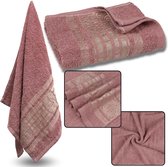 Roze Katoenen Handdoek met Gouden Borduurwerk, Badhanddoek 70x135 cm