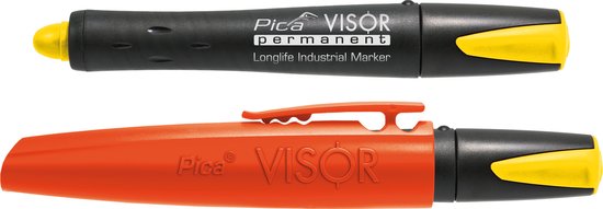 Zwarte stift met gele dop en een oranje dophouder met gele dop.