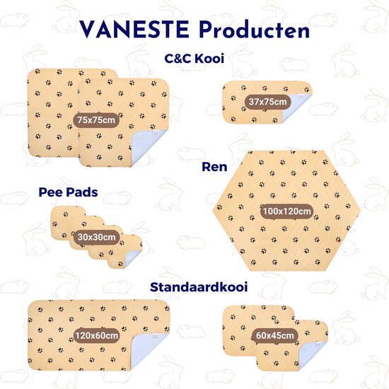 Verschillende maten beige fleece liners met pootjesprints: C&C kooi, Pee Pads, Ren, en Standaardkooi.