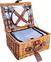 Rieten Picknickmand voor 2 Personen met Isothermisch Compartiment en Inclusief Accessoires - Blauw en Wit Geruit Patroon, 35 x 27 x 16 cm