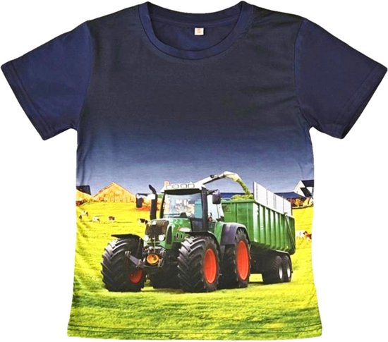 T-shirt avec tracteur + remorque, tracteur vert, bleu, impression en couleur, enfants, taille 110/116, cool, belle qualité !