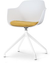 Chaise de salle à manger pivotante Nolon Nola blanche - Siège blanc avec accoudoirs et coussin d'assise ocre jaune