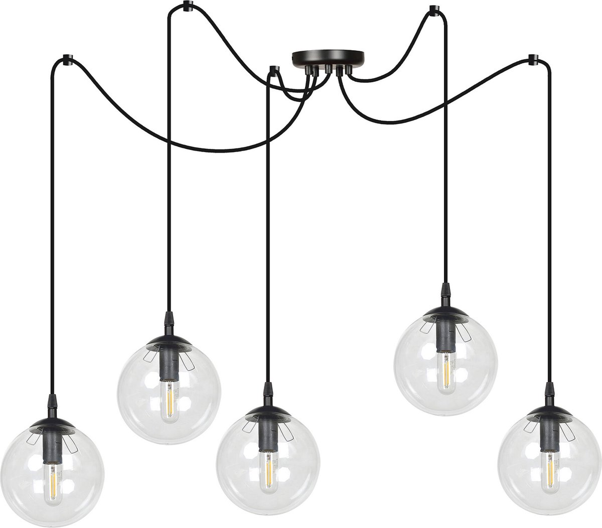 Emibig Uppsala zwarte 5L pendel lamp met transparant glas 5x E14 - Strakke verlichting voor elke ruimte