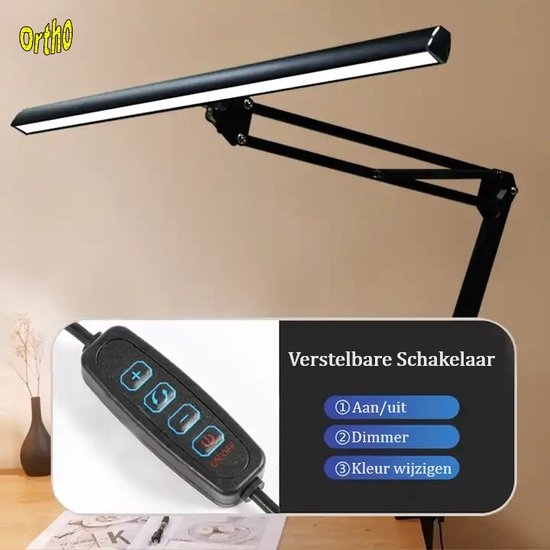 Ortho® - Lampe de bureau avec pince - Lampe de lecture - Lampe de moniteur - Travail à domicile - Lampe de travail manuel - Lampe de loisirs - Lampe de broderie - Double source de lumière - Lumière LED - Rechargeable par USB - Dimmable - Zwart