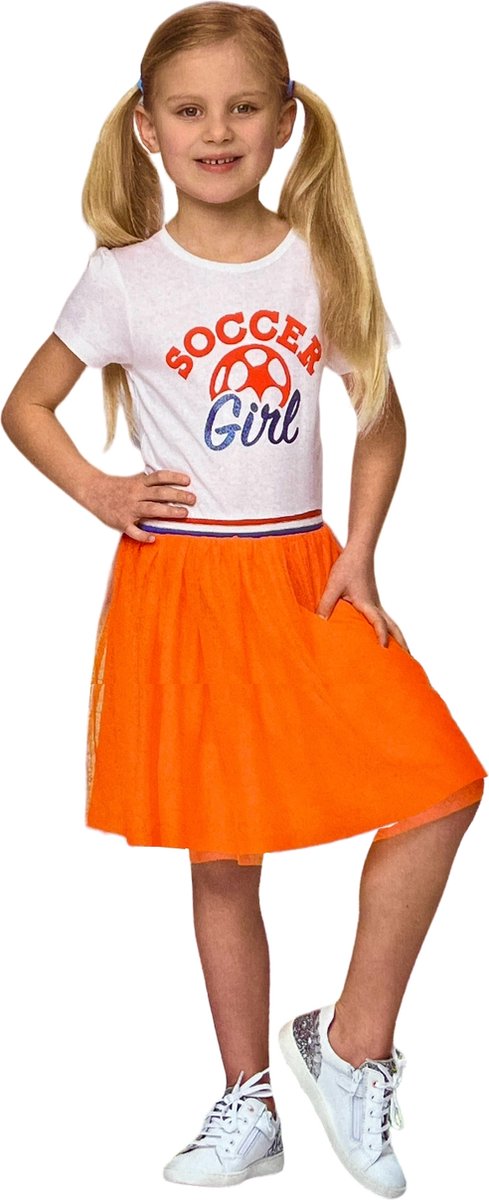 Oranje Meisjes T-shirt Jurk - T-shirtjurk - Soccer Girl - Voor o.a. Koningsdag - Voetbal EK/WK - Maat: 98/104 - 3 tot 4 jaar