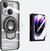 Hoesje geschikt voor iPhone 15 Magsafe Hoes Transparant-Iphone 15 screenprotector -iPhone 15 Magsafe Case - Extra Camera Bescherming -MagsafeHoesje - Hoesje Met Standaard - Zwart