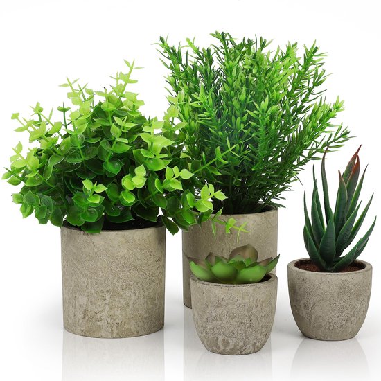 Foto: Belle vous 4 pak artifici le binnen potplanten kleine nep plastic eucalyptus slangen tong gras vetplanten faux groen voor kantoor bureau tafel slaapkamer keuken huisdecoratie