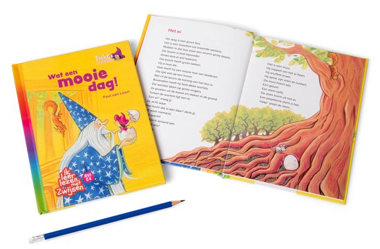 Open boek met 'Wat een mooie dag!' en illustraties van een tovenaar, elf en eekhoorn. Links de gesloten boekomslag.