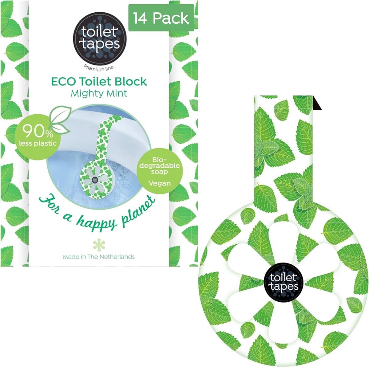 Toilet Tapes - Mighty Mint - voordeelverpakking - 14 stuks - Eco-vriendelijke WC Blokjes - 220+ Spoelbeurten - Tot 90% Minder Plastic, Efficiënte Toiletsteen - ook geschikt voor randloos toilet - duurzaam verpakt in FSC karton