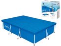 Blauw Bestway Steel Pro rechthoekig zwembadafdekzeil in verpakking met productafbeeldingen.
