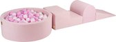 MeowBaby® Ensemble de jeu 3 éléments en mousse avec piscine à balles 90x30 cm avec 200 Balles certifiées, velours rose ; rose, blanc