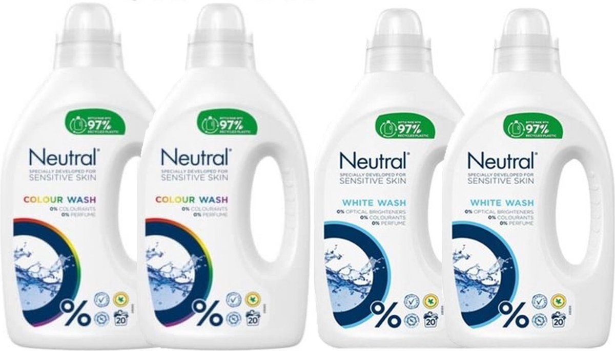 Neutral Vloeibaar Wasmiddel - 2 x Kleur 2 x Wit - 4 x 20 wasbeurten - Voordeelverpakking