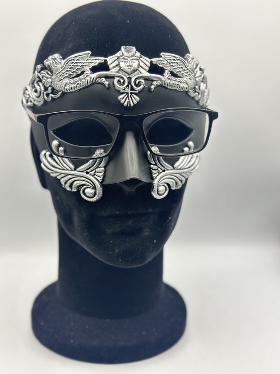 Masque vénitien pour hommes en noir avec argent - Masque de Fête pour hommes avec et sans lunettes - Masque pour porteurs de lunettes - Masque de Gala dans le style grec-romain