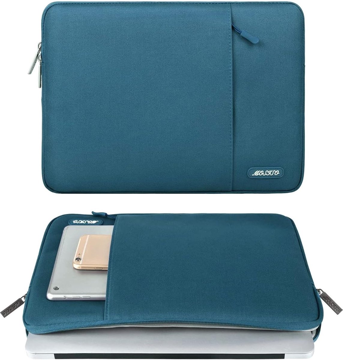 Laptop Hoes Tas Compatibel met 13inch, Polyester Verticaal Case Cover met Zak, Deep Teal