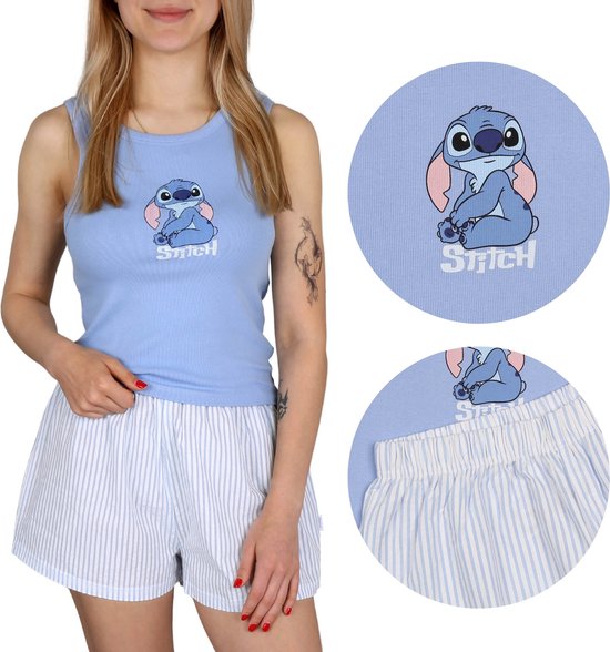 Stitch Disney Blauwe Dames Hemdtop Pyjama, Zomer, Katoenen Pyjama