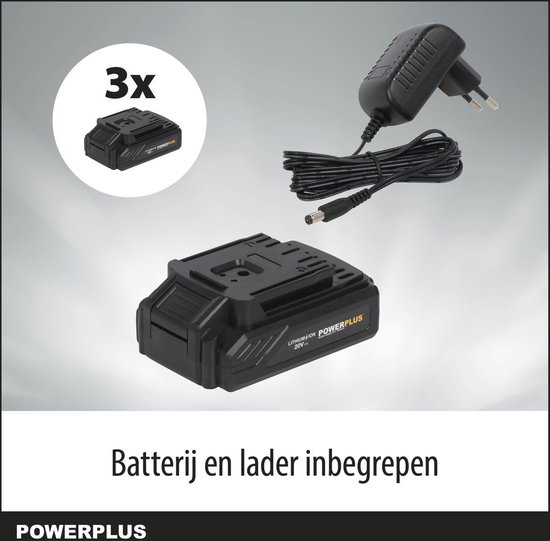 Powerplus POWX00501 Perceuse sans fil - Perceuse à vis - Batterie de perceuse - Visseuse sans fil - 20V - Incl. 3 batteries Li-ion 20 V, chargeur et mallette à outils 12 pièces avec embouts de tournevis - Pour le bois, la pierre et le métal