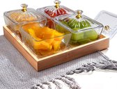 Snackschaal met houten trays set van 4 glazen serveerschalen dipschalen met deksel - ideaal voor het serveren van hapjes en snacks Schalen set