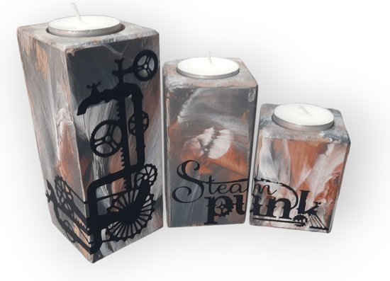 Steampunk kaarsenset kaarsen set waxinelichtjes theelicht industrieel fantasie stoomkracht tandwielen